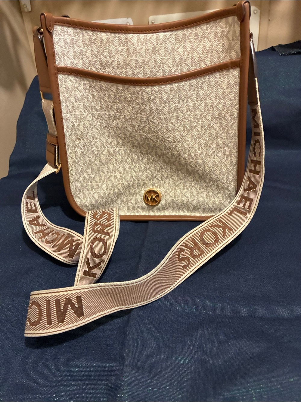 Michael Kors Cream & Brown Signature MK Crossbody with Logo Strap